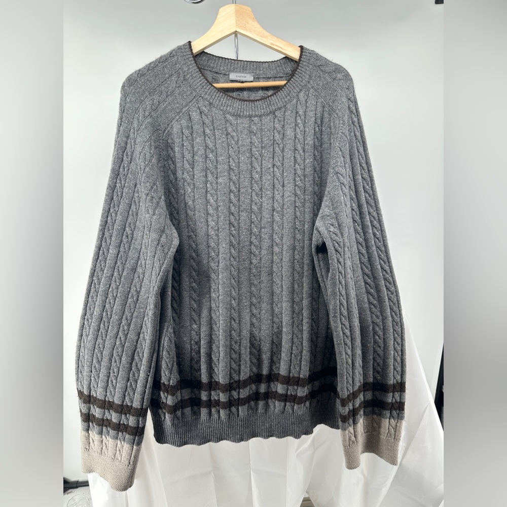 Lanvin will cashmere blend gray and burgundy cable knit sweater